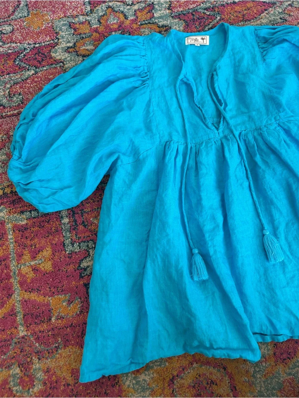 Mille | Women’s Teal Blue Linen Thalia V-Neck Tassel Tie Puff Sleeve Peasant Top